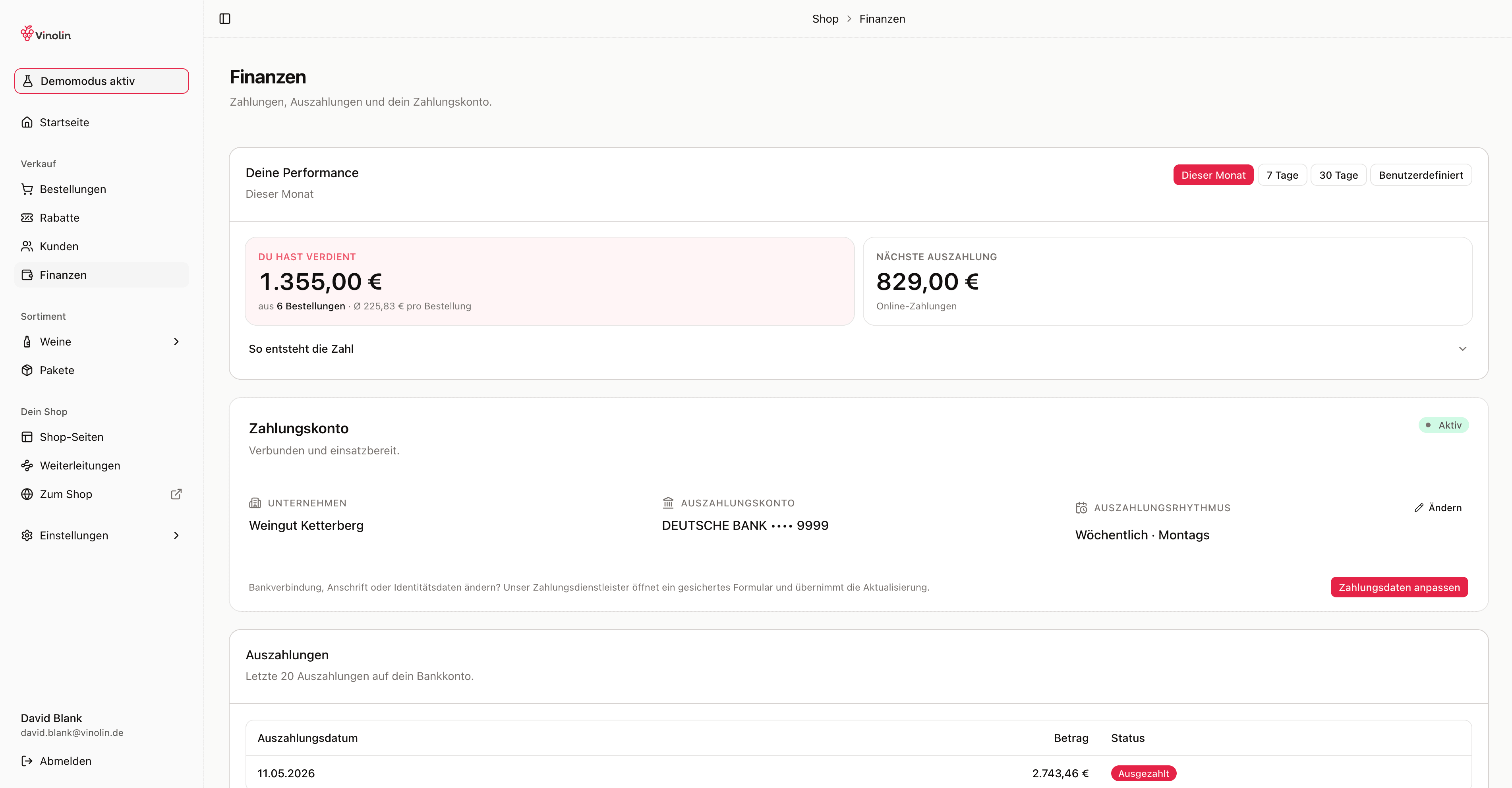 Die Finanzen-Seite mit Performance-Kennzahlen, dem Zahlungskonto und der Auszahlungshistorie