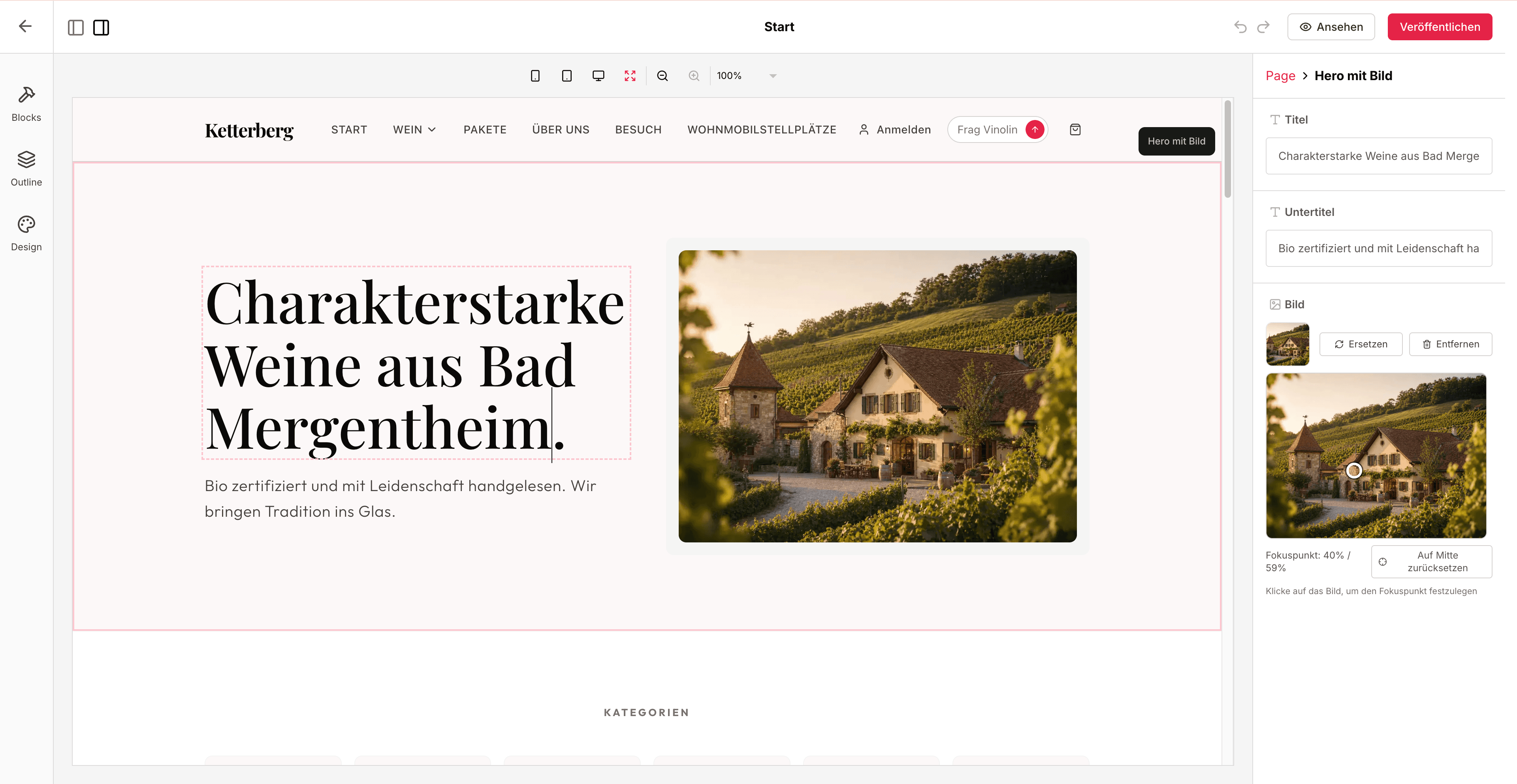 Der Seiten-Editor beim Bearbeiten der Startseite: Bausteine links, Live-Vorschau in der Mitte, Baustein-Einstellungen rechts