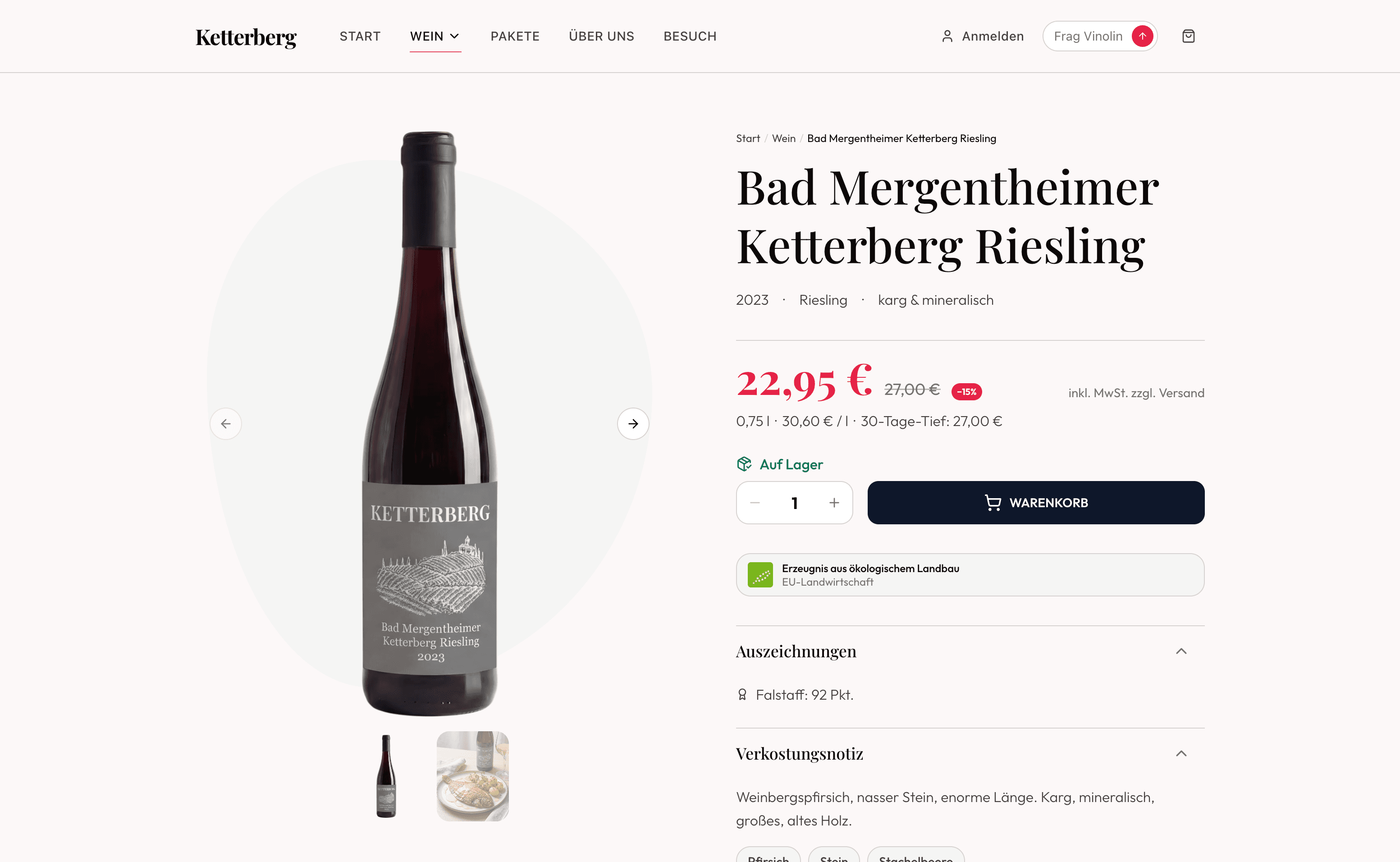 Produktseite im Shop mit rotem Aktionspreis, durchgestrichenem Preis, Rabatt-Badge „−15%“ und dem Hinweis „30-Tage-Tief: 27,00 €“